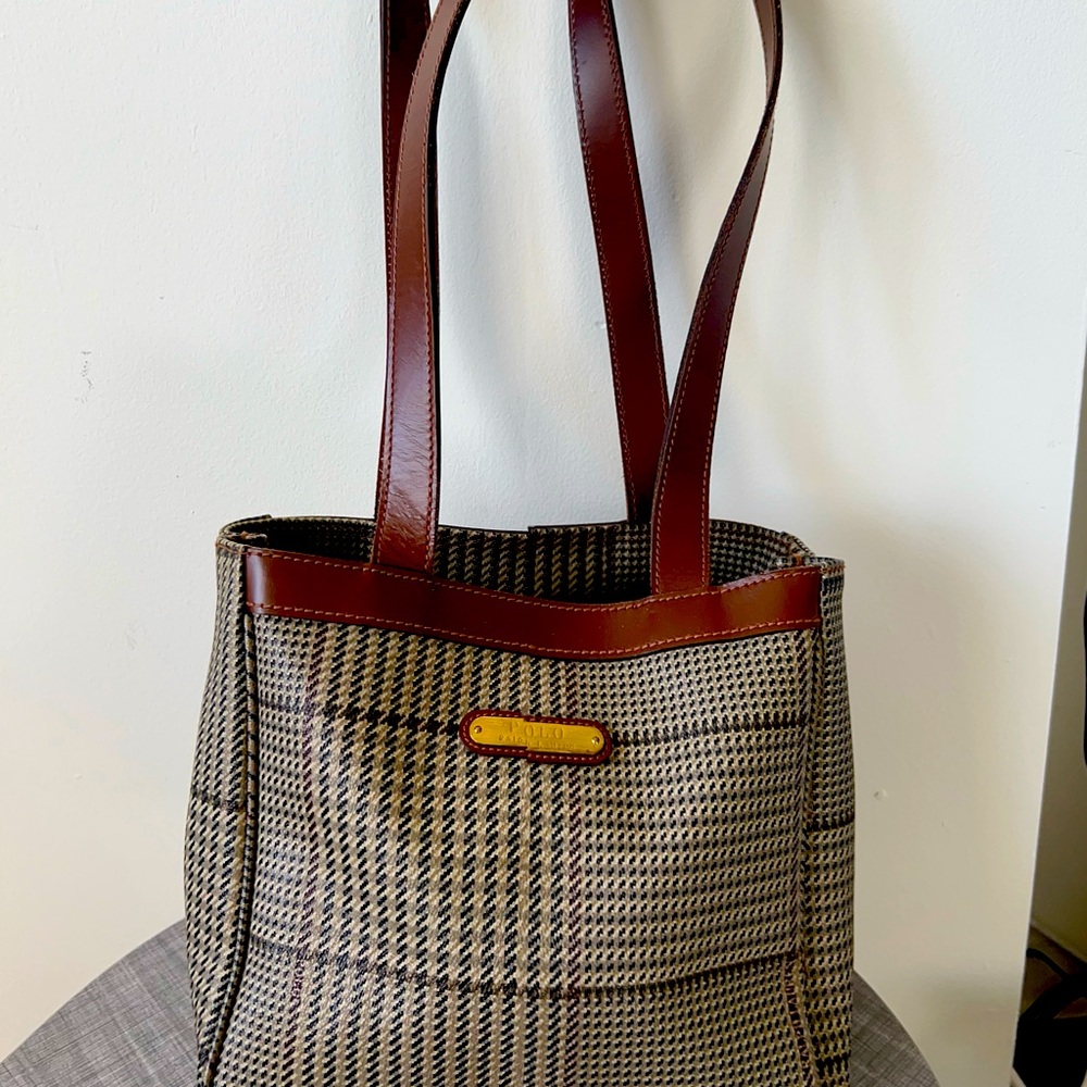 Vtg Polo Ralph Lauren Tote Bag Purse Houndstooth Coated Canvas Leather Check